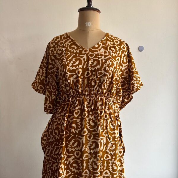 Brown Leaf Batik Printed Premium Rayon Feeding Kaftan | Free Size | Chest Width 44″| Length 56″|