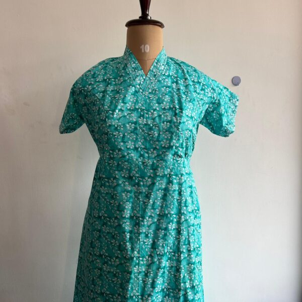 Aqua Blue Printed Premium Cotton V Collar Neck Short Maternity Gown