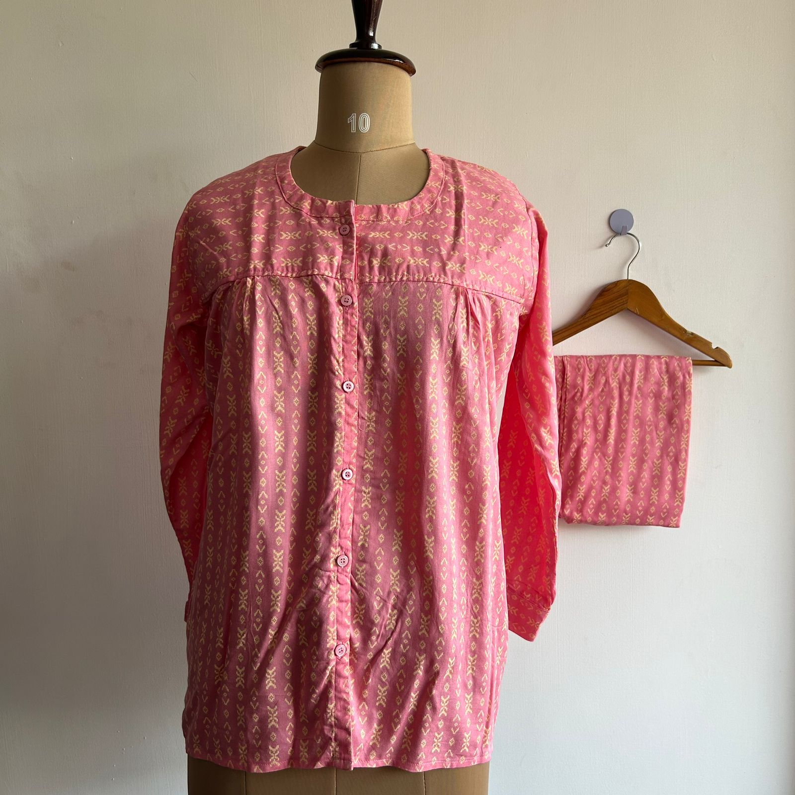 Peach Printed Rayon Full Sleeve Pyjama Set | Free Size |