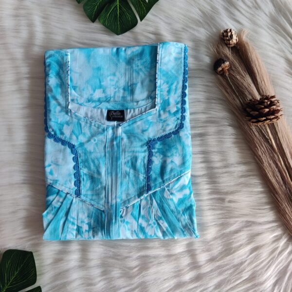 Aqua Blue Printed Premium Cotton Long Zip Lace Feeding Nighty | Free Size | Chest Width 44″| Length 56″|