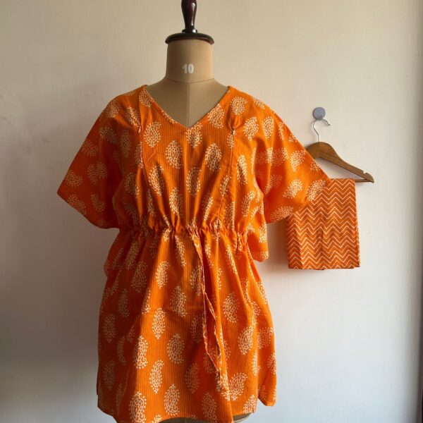 Tango Orange Printed Kantha Cotton Kaftan Loungewear Pyjama Set | Free Size |