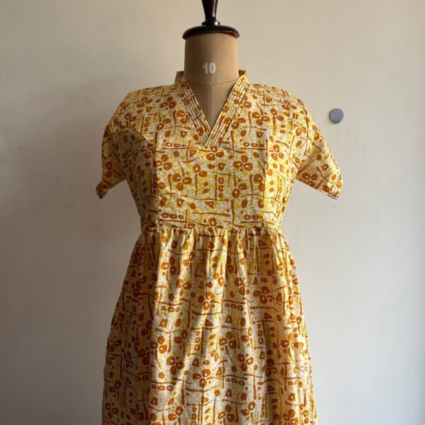 Yellow Printed Premium Cotton V Collar Neck Short Maternity Gown | Free Size |