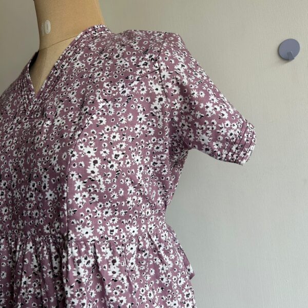 White Floral Printed Mauve Premium Cotton V Collar Neck Short Maternity Gown | Free Size | - Image 3