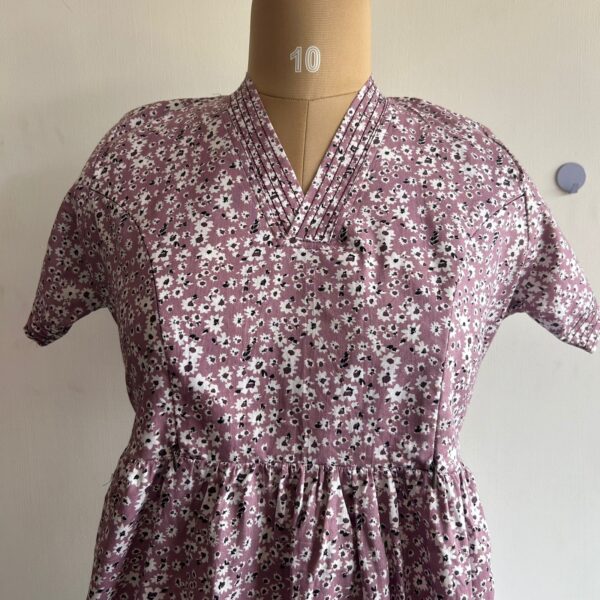 White Floral Printed Mauve Premium Cotton V Collar Neck Short Maternity Gown | Free Size | - Image 2