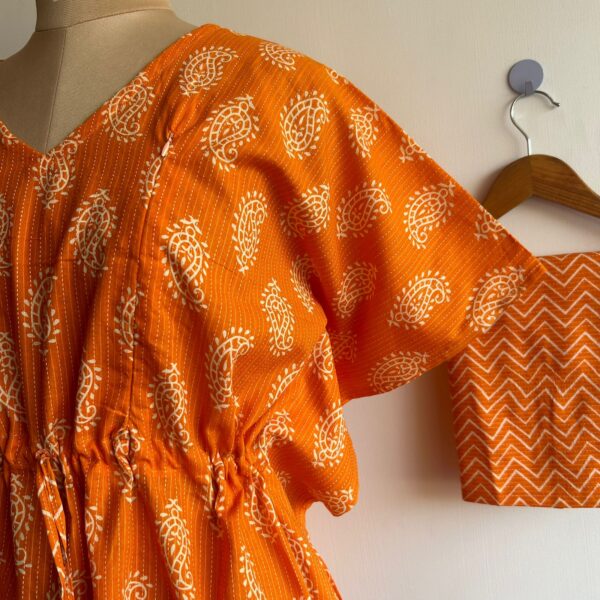 Tango Orange Printed Kantha Cotton Kaftan Loungewear Pyjama Set | Free Size | - Image 2
