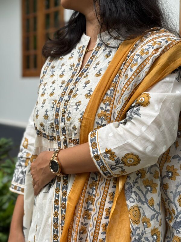 Yellow Floral Printed White Cotton 3 Piece Set Anarkali Kurti Collection | BK0022 - Image 3