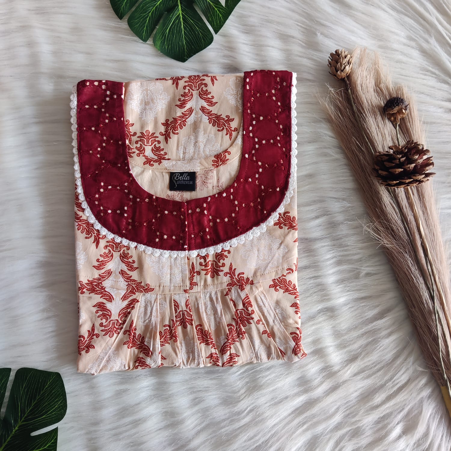 Beige And Brown Printed Premium Cotton Hakoba Lace Nighty | Free Size | Chest Width 44″| Length 54″-56″|