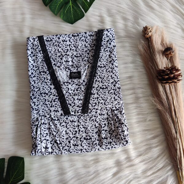 Black And White Printed Premium Cotton Two Side Vertical Lace Zip Feeding Nighty | Free Size | Chest Width 44″| Length 56″|