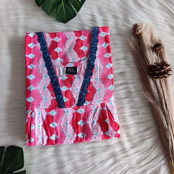 Red And Pink Printed Premium Cotton Two Side Vertical Lace Zip Feeding Nighty | Free Size | Chest Width 44″| Length 56″|