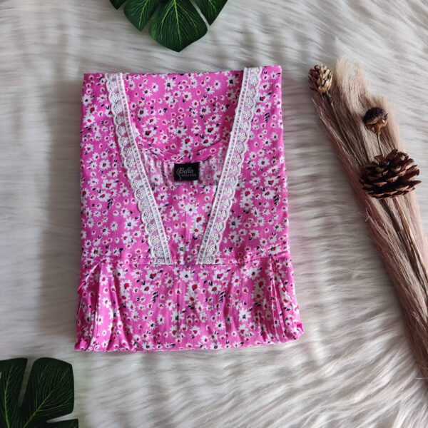 Pink And White Floral Printed Premium Cotton Two Side Vertical Lace Zip Feeding Nighty | Free Size | Chest Width 44″| Length 56″|
