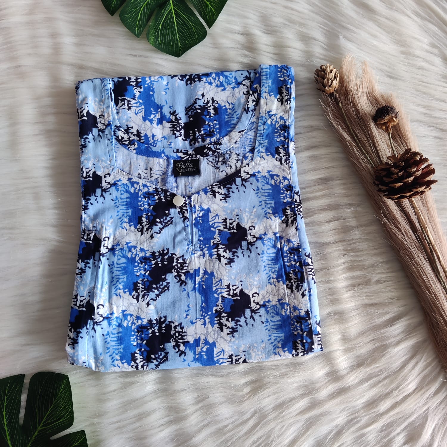 Dark And Pale Blue Printed Premium Cotton Aline Cut Vertical Zip Feeding Nighty | Free Size | Chest Width 44″| Length 54″-56″|