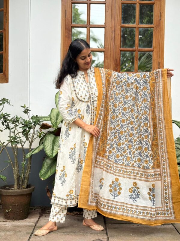 Yellow Floral Printed White Cotton 3 Piece Set Anarkali Kurti Collection | BK0022