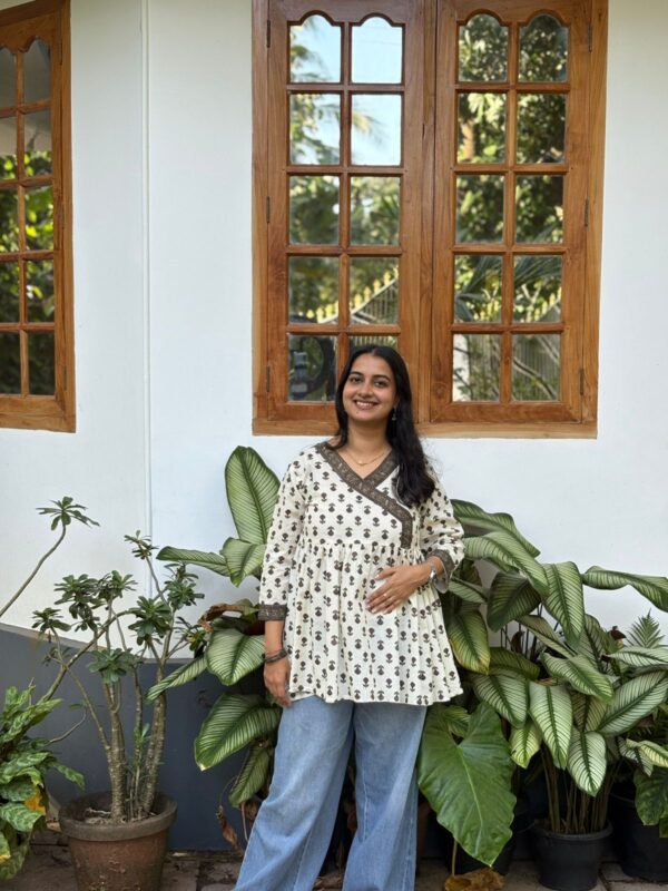 Brown Floral Printed White Cotton Short Kurti Collection | BK0031