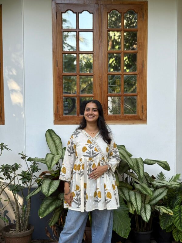 Yellow Floral Printed White Cotton Short Kurti Collection | BK0033