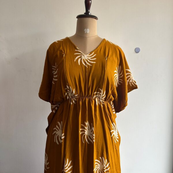 Mustard Yellow Printed Premium Rayon Feeding Kaftan | Free Size | Chest Width 44″| Length 56″|