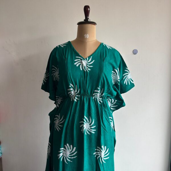 Green Printed Premium Rayon Feeding Kaftan | Free Size | Chest Width 44″| Length 56″|