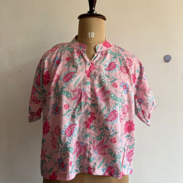 Pink And Green Floral Printed Kantha Cotton Short Feeding Top With Centre Long Zip And Puff Sleeve | Free Size |
