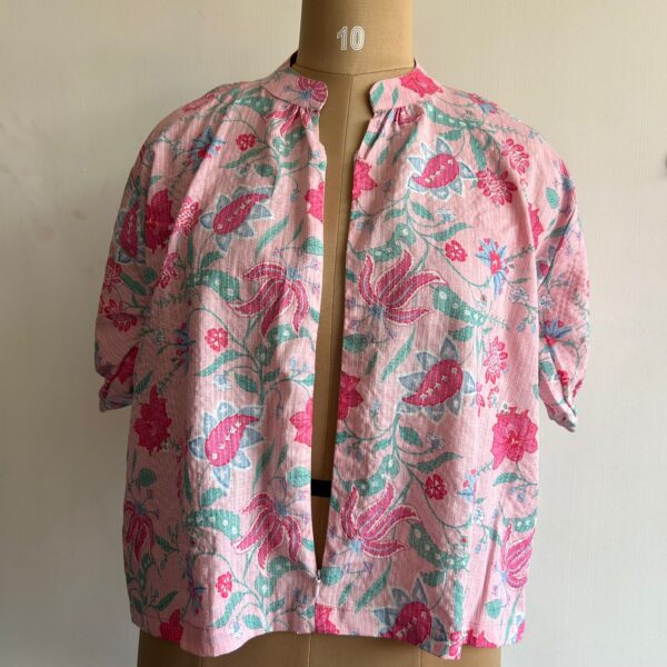 Pink And Green Floral Printed Kantha Cotton Short Feeding Top With Centre Long Zip And Puff Sleeve | Free Size | - Image 2