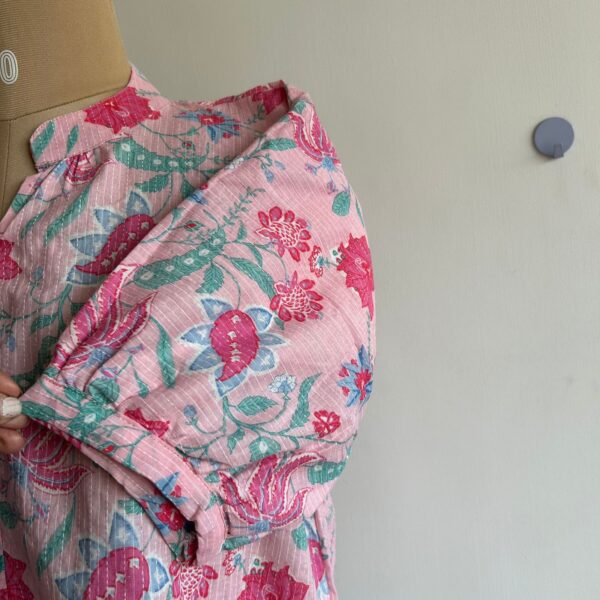 Pink And Green Floral Printed Kantha Cotton Short Feeding Top With Centre Long Zip And Puff Sleeve | Free Size | - Image 3