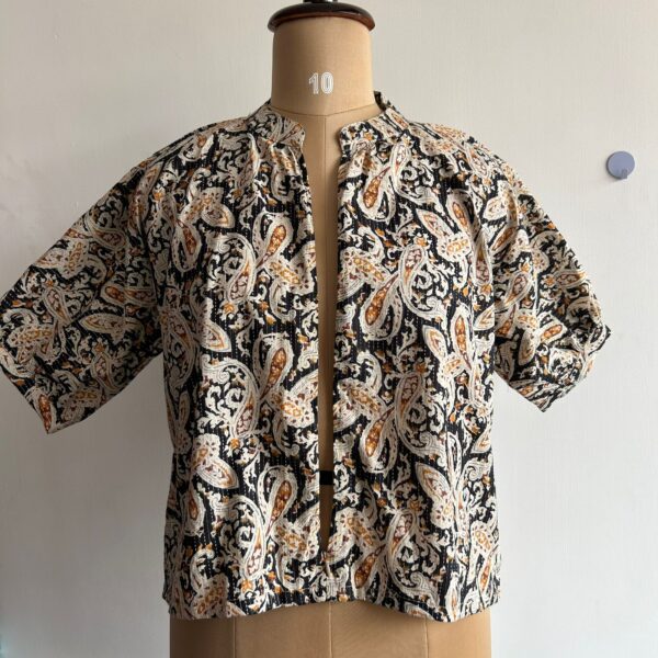 Black Kalamkari Printed Kantha Cotton Short Feeding Top With Centre Long Zip And Puff Sleeve | Free Size | - Image 2
