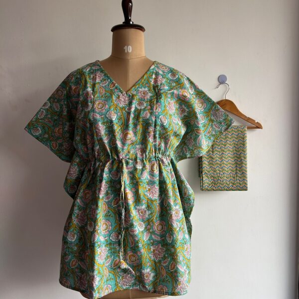 Green And Yellow Floral Printed Kantha Cotton Kaftan Loungewear Pyjama Set | Free Size |