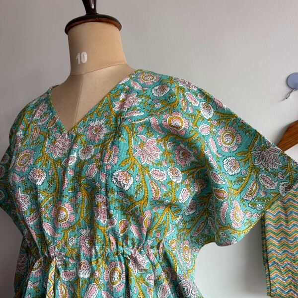 Green And Yellow Floral Printed Kantha Cotton Kaftan Loungewear Pyjama Set | Free Size | - Image 2