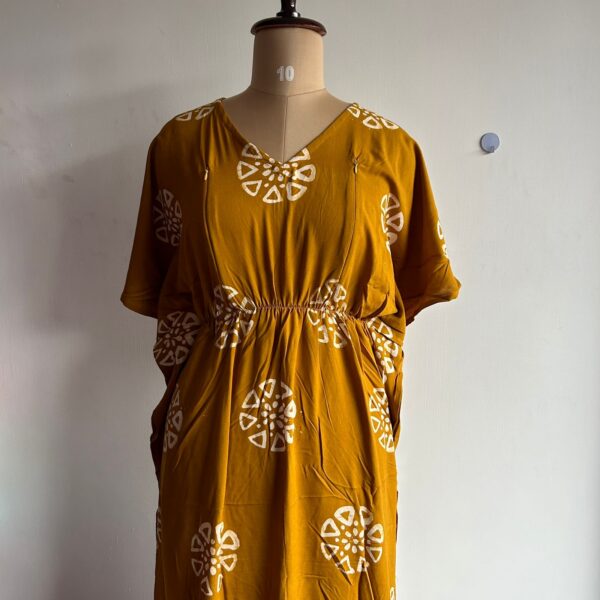 Mustard Yellow Printed Premium Rayon Feeding Kaftan | Free Size | Chest Width 44″| Length 56″|