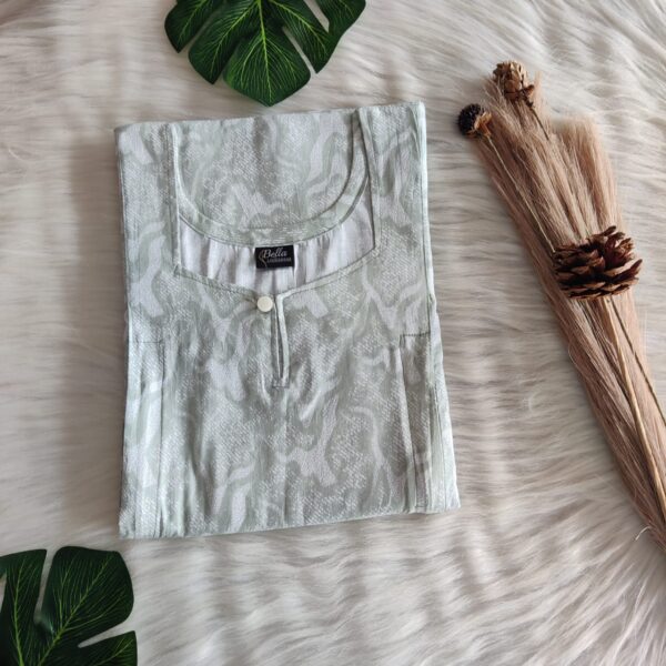 Pale Green Printed Premium Cotton Aline Cut Vertical Zip Feeding Nighty | Free Size | Chest Width 44″| Length 54″-56″|