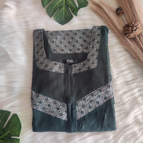 Green Silver Printed Premium Rayon Feeding Nighty With Two Side Horizontal Zip Free Size Short Sleeve (Suits for bra size 34"- 38" | 54-56 inch length)