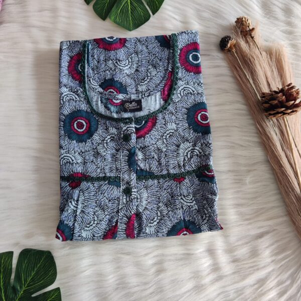 Grey And Pink Printed Premium Cotton Lace Button Nighty | Free Size | Chest Width 44″| Length 54″-56″|