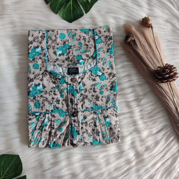 Aqua Green Floral Printed Pure Cotton Button Zip Nighty | Free Size | Chest Width 44″| Length 55″-56″|
