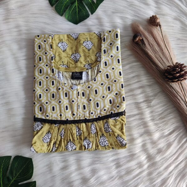 Pale And Dark Green Leaf Printed Premium Cotton Lace Nighty | Free Size | Chest Width 44″| Length 54″-56″|