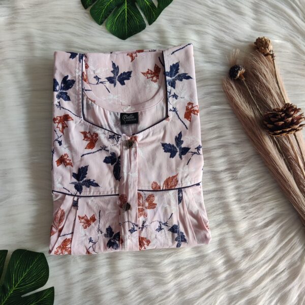 Pastel Pink Printed Premium Cotton Button Zip Nighty | Free Size | Chest Width 44″| Length 55″-56″|