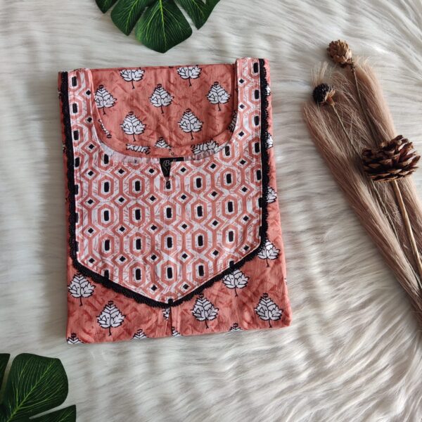 White And Orange Leaf Printed Premium Cotton Mix N Match Lace Pocket Nighty | Free Size | Chest Width 44″| Length 56″|