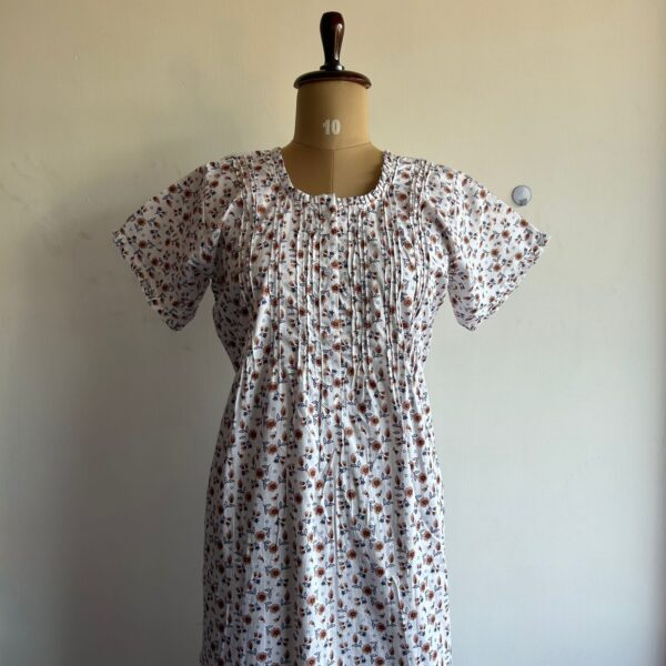 Brown Floral Printed White Premium Cotton Ruffle Neck Button Nighty | Chest Width 44″ | Length 54″-56″|