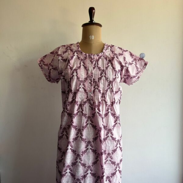 Pastel Pink Printed Premium Cotton Ruffle Neck Button Nighty | Chest Width 44″ | Length 54″-56″|