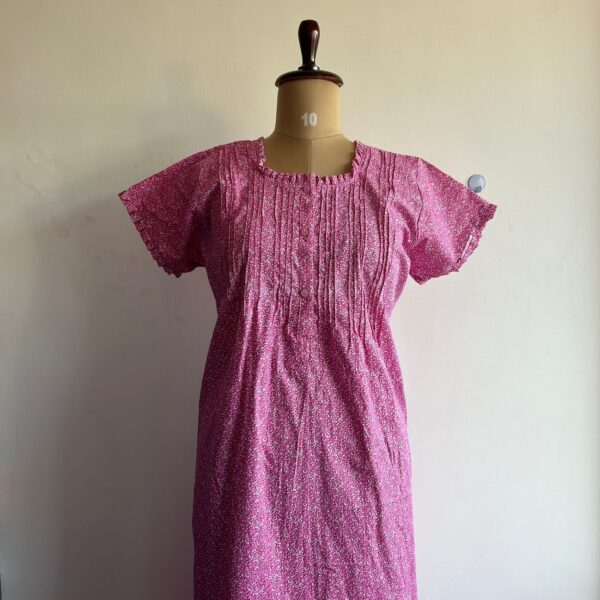 Pink Printed Premium Cotton Ruffle Neck Button Nighty | Chest Width 44″ | Length 54″-56″|