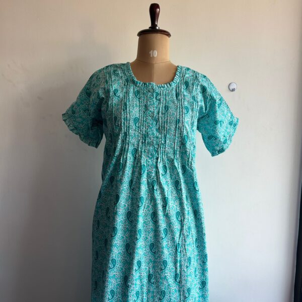 Aqua Blue Printed Premium Cotton Ruffle Neck Button Nighty | Chest Width 44″ | Length 54″-56″|