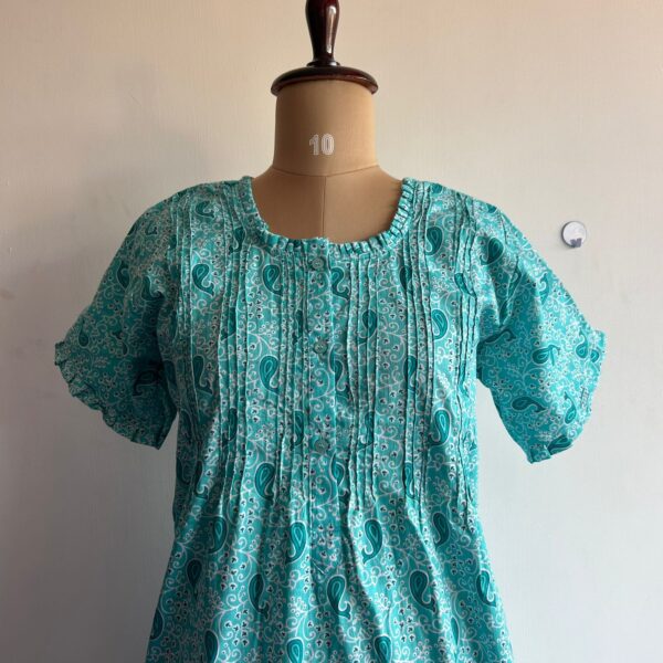 Aqua Blue Printed Premium Cotton Ruffle Neck Button Nighty | Chest Width 44″ | Length 54″-56″| - Image 2