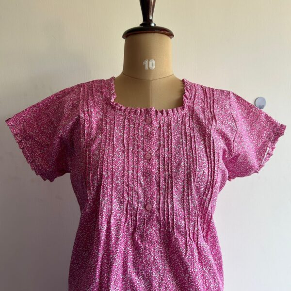 Pink Printed Premium Cotton Ruffle Neck Button Nighty | Chest Width 44″ | Length 54″-56″| - Image 2