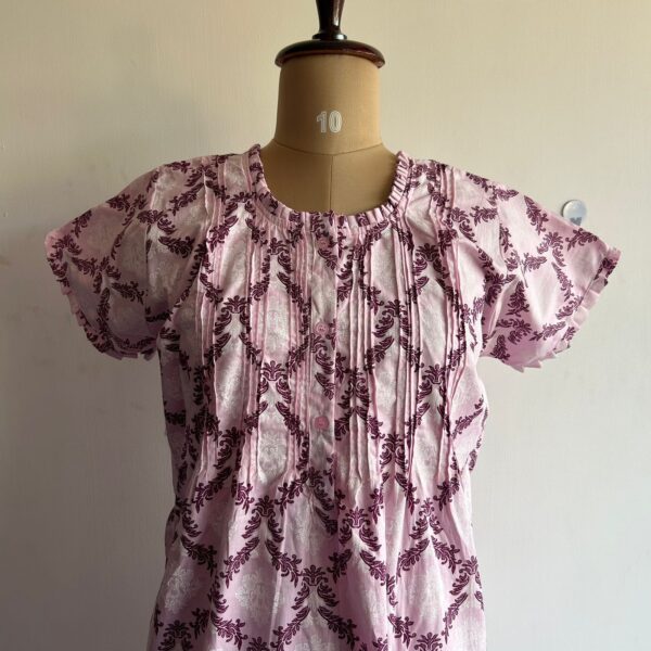 Pastel Pink Printed Premium Cotton Ruffle Neck Button Nighty | Chest Width 44″ | Length 54″-56″| - Image 2