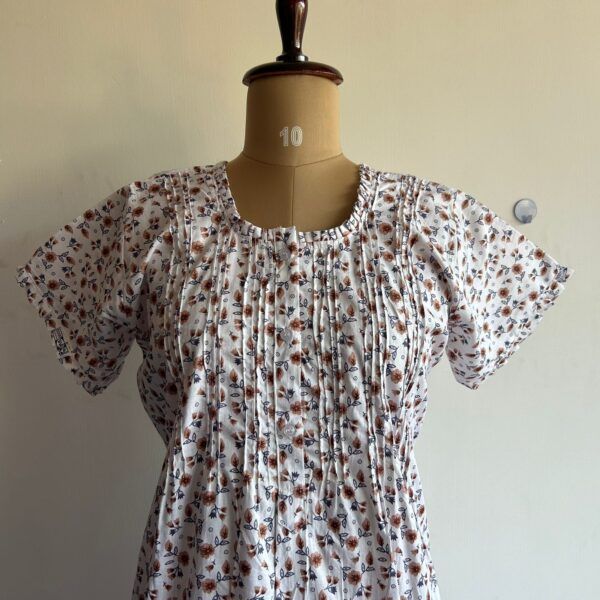 Brown Floral Printed White Premium Cotton Ruffle Neck Button Nighty | Chest Width 44″ | Length 54″-56″| - Image 2