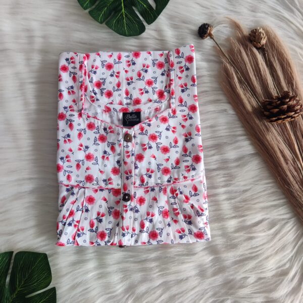 Red Floral Printed White Premium Cotton Button Zip Nighty | Free Size | Chest Width 44″| Length 55″-56″|
