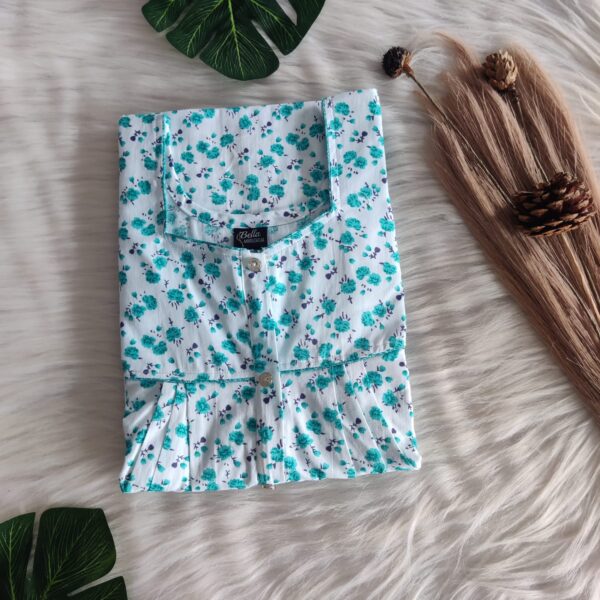 Green Floral Printed White Premium Cotton Button Zip Nighty | Free Size | Chest Width 44″| Length 55″-56″|