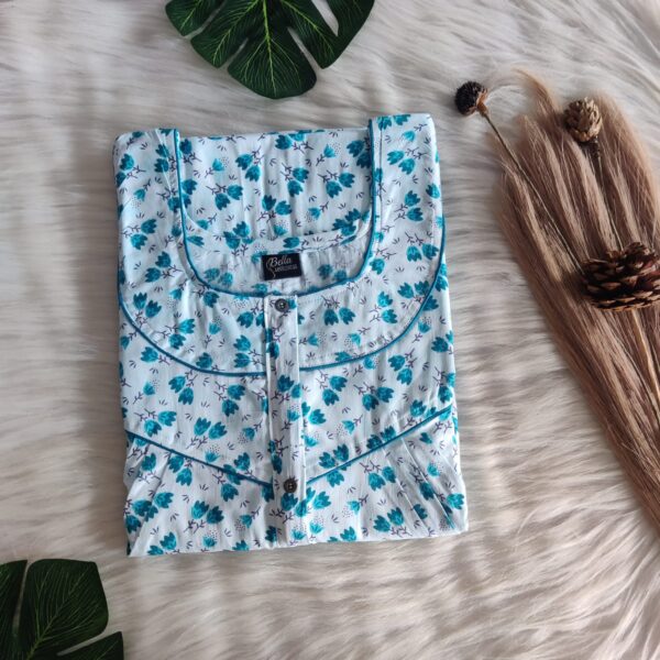 Blue Floral Printed White Premium Cotton Long Zip Pleated Nighty | Chest Width 44″ | Length 56″|