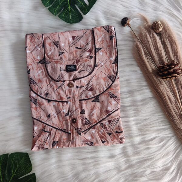Brown Printed Premium Cotton Long Zip Pleated Nighty | Chest Width 44″ | Length 56″|