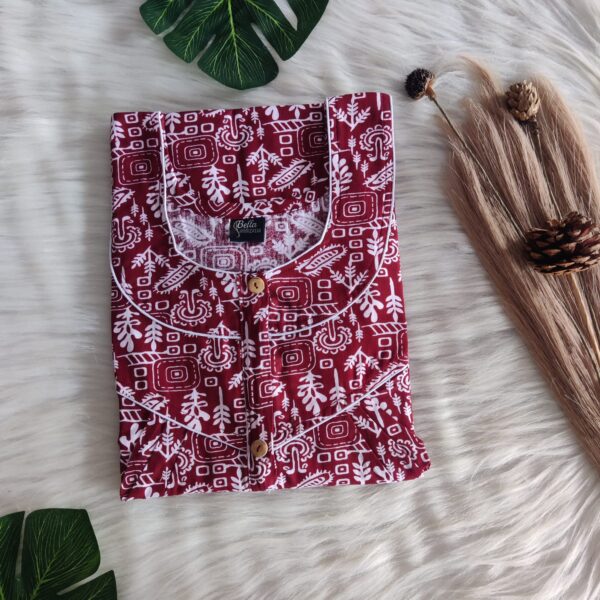 Maroon Floral Premium Cotton Long Zip Pleated Nighty | Chest Width 44″ | Length 56″|
