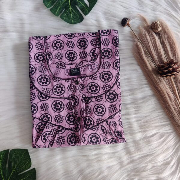 Pink And Black Floral Premium Cotton Long Zip Pleated Nighty | Chest Width 44″ | Length 56″|