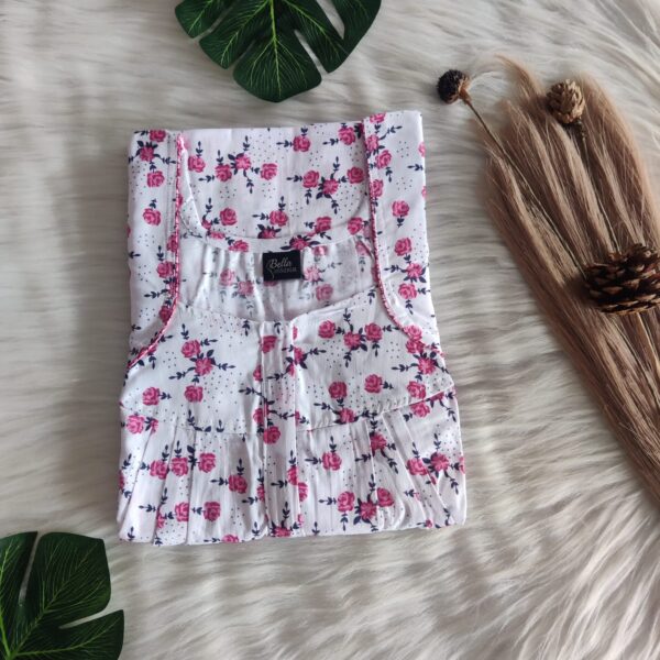 Pink Floral Printed White Premium Cotton Pleated Zip Nighty | Free Size | Chest Width 44″| Length 54″-55″|