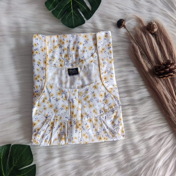 Yellow Floral Printed White Premium Cotton Pleated Zip Nighty | Free Size | Chest Width 44″| Length 54″-55″|